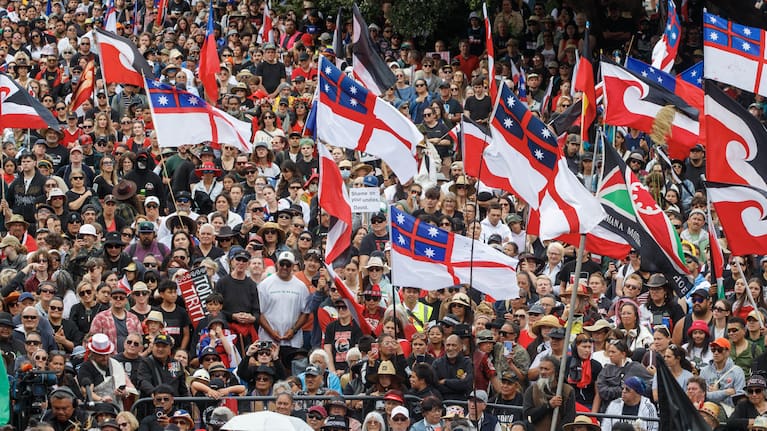 November 2024: thousands marched in the hīkoi protesting the Treaty Principles Bill.
