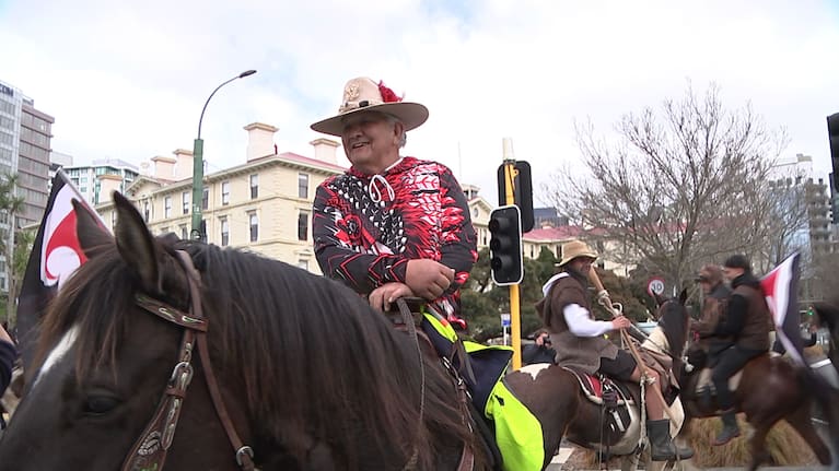 Horses and their riders arrive at Parliament to deliver petition.