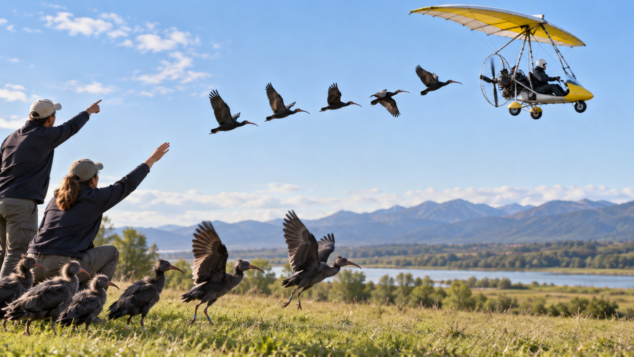 Image AI generated Human foster parents trained young ibises to follow a microlight