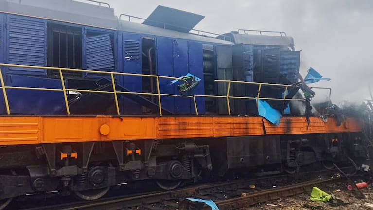 In this photo provided by the Ukrainian Ukrzaliznytsia Railway Company Press Office, a locomotive damaged in a Russian drone attack is seen at Yahodyn railway station near Ukraine's border with Poland, Ukraine.