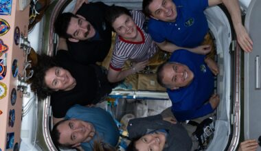 The seven-member Expedition 75 crew poses for a portrait inside the International Space Station. Clockwise from left are, NASA astronauts Jessica Meir and Jack Hathaway, Roscosmos cosmonauts Anna Kikina and Andrey Fedyaev, astronauts Anil Menon of NASA and Sophie Adenot of ESA (European Space Agency), and Roscosmos cosmonaut Pyotr Dubrov.