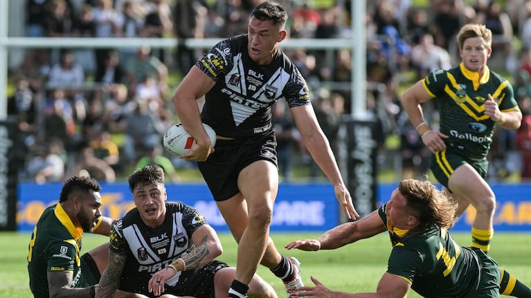 Joey Manu in action for the Kiwis against the Kangaroos in 2023.