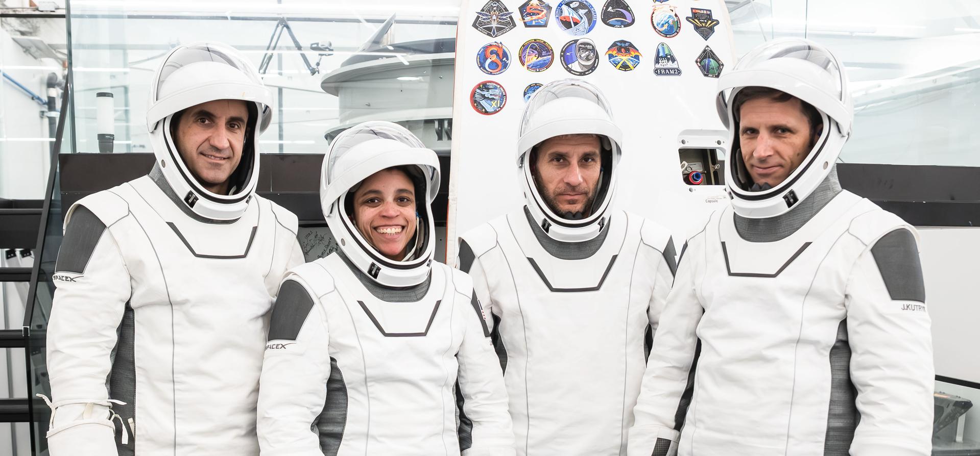 The SpaceX Crew-13 members pose for a portrait in their pressure suits during a preflight training session at the company's headquarters in Hawthorne, California. From left are, Roscosmos cosmonaut Sergey Teteryatnikov, NASA astronauts Jessica Watkins and Luke Delaney, and CSA (Canadian Space Agency) astronaut Joshua Kutryk.