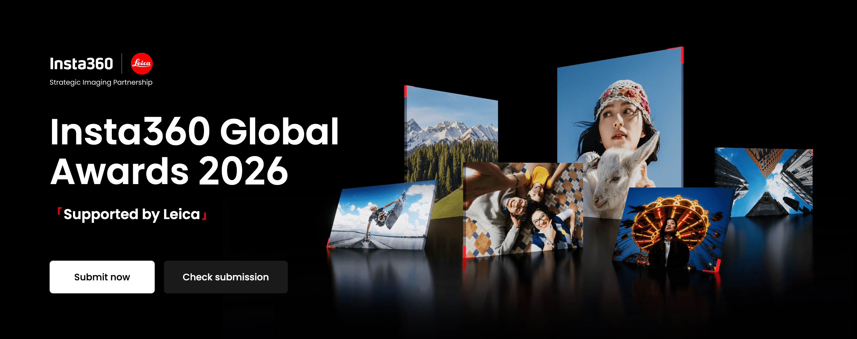 Insta360 Global Awards 2026 banner with diverse images: skiers, friends smiling, a Ferris wheel, and a cityscape. Supported by Leica