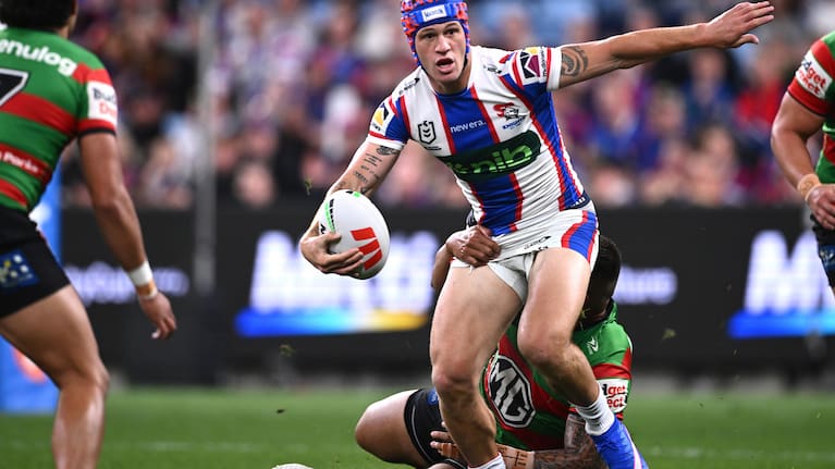 Kalyn Ponga of the Knights is tackled by Junior Tatola of the Rabbitohs during the NRL Elimination Final between the South Sydney Rabbitohs and the Newcastle Knights at Allianz Stadium in Sydney, Friday, September 11, 2026.