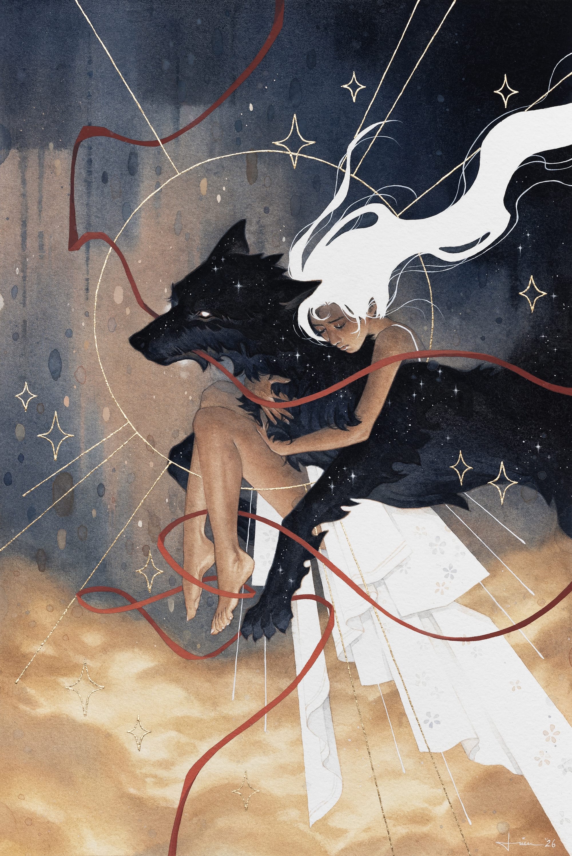 a fantastical painting by kelogsloops of a woman with long white hair being carryed by a black wolf through a glowing scene