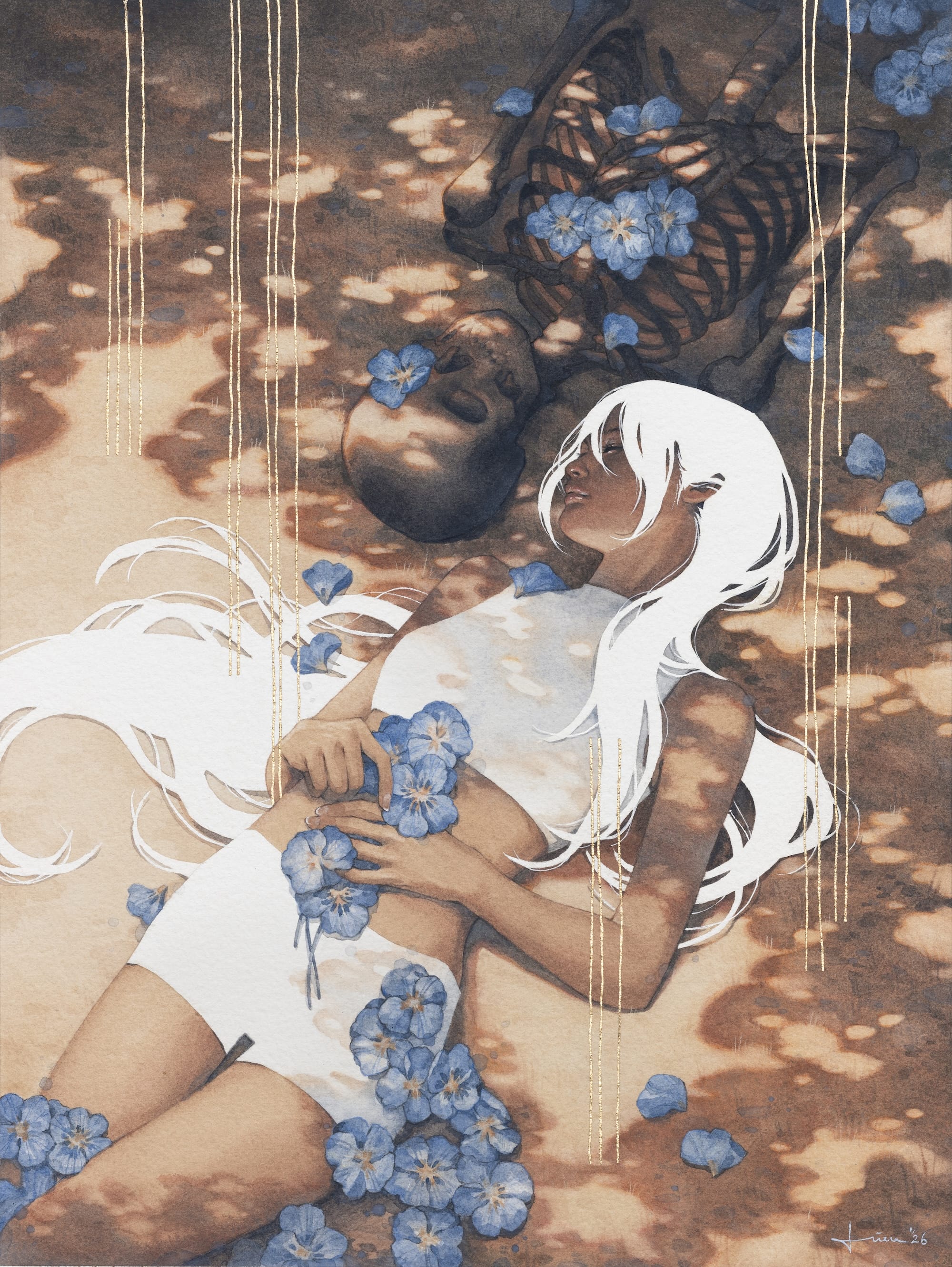 a fantastical painting by kelogsloops of a young woman with long, white hair laying on the ground calmly beside a dark human skeleton