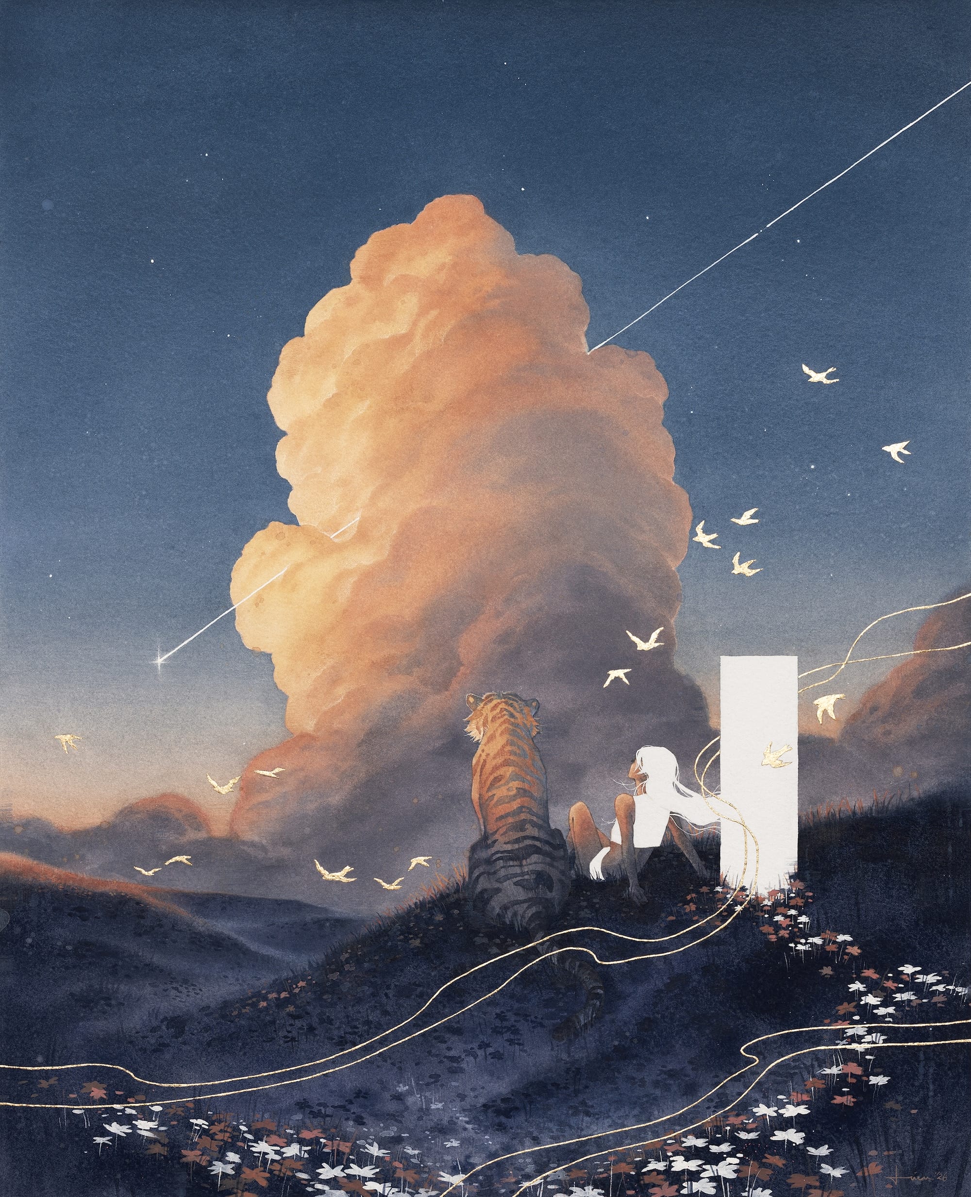a fantastical painting by kelogsloops of a woman seated beside a tiger on a grassy knoll, looking out toward a billowing, glowing cloud