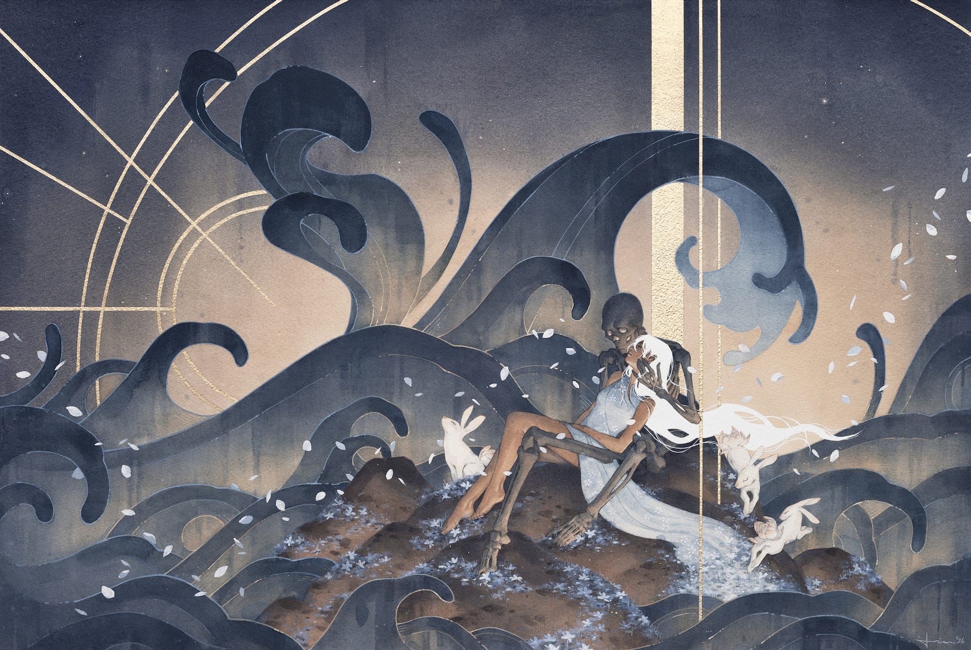 a fantastical painting by kelogsloops of a skeleton cradling a white-haired woman in its arms amid a stylistic scene of turbulent waves