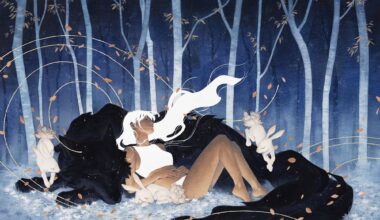 a fantastical painting by kelogsloops of a young woman with long white hair nestled into the shoulder of a giant relaxing black wolf in woods