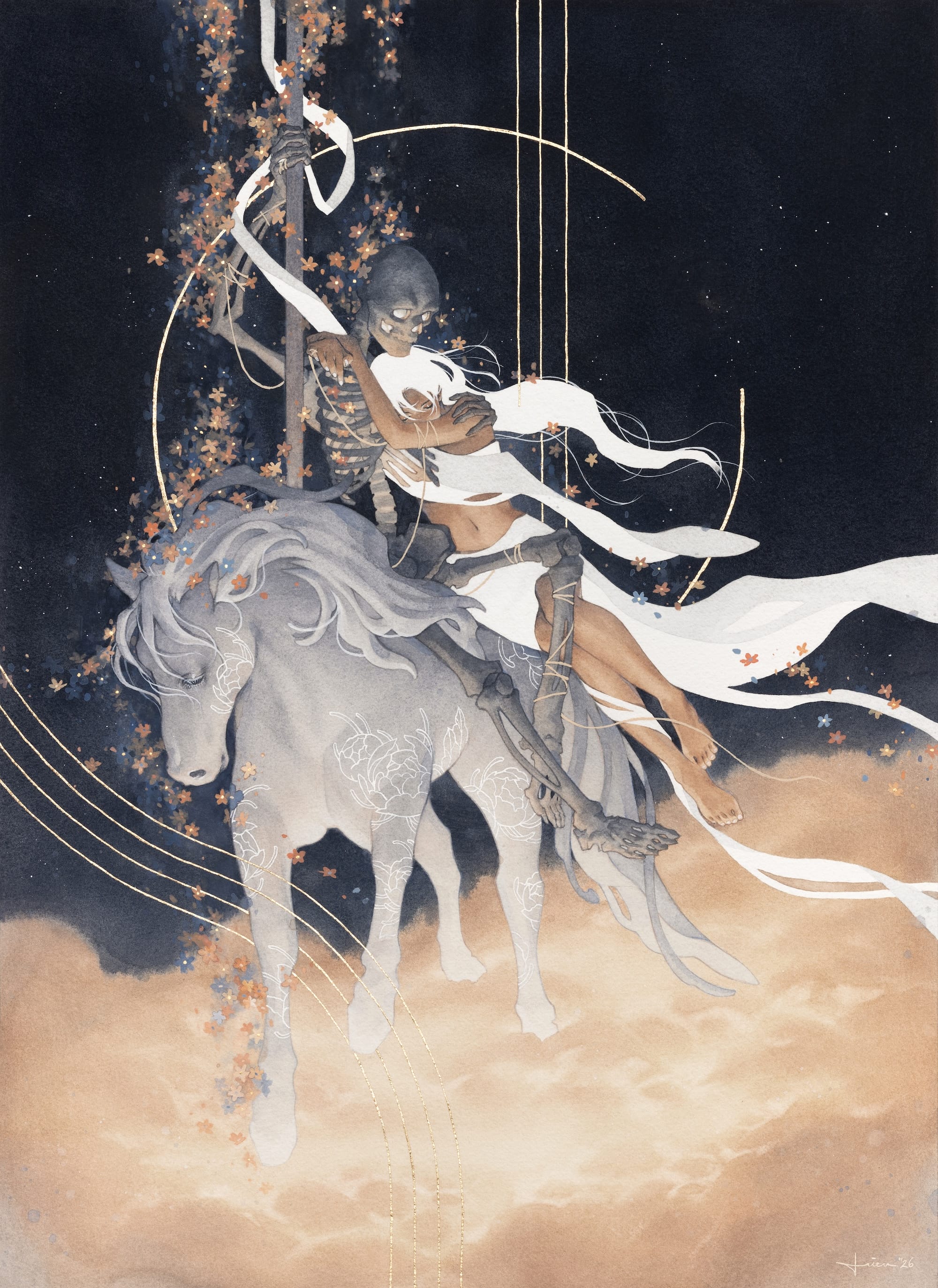 a fantastical painting by kelogsloops of a young woman with long white hair being carried by a human skeleton on the back of a horse