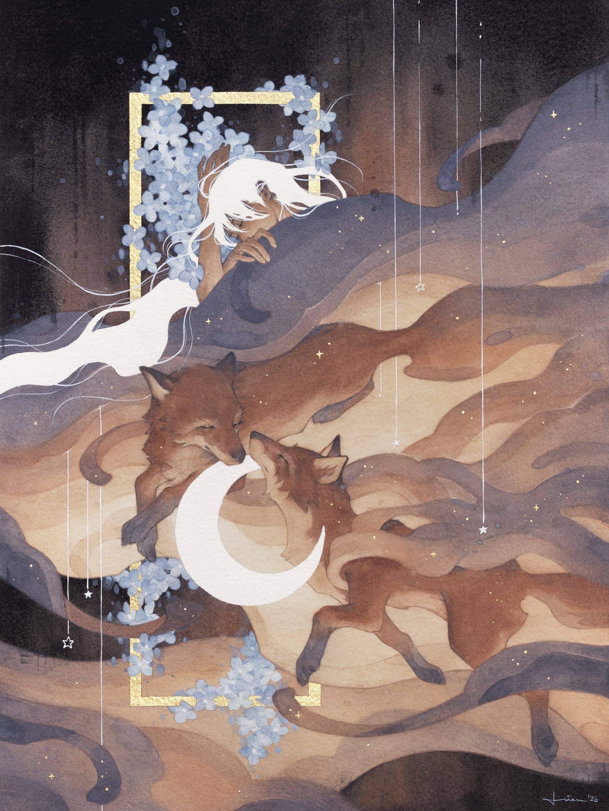 a fantastical painting by kelogsloops of a young woman with white hair asleep beneath a coverlet of mist, which transforms into two foxes running and playing alongside a moon