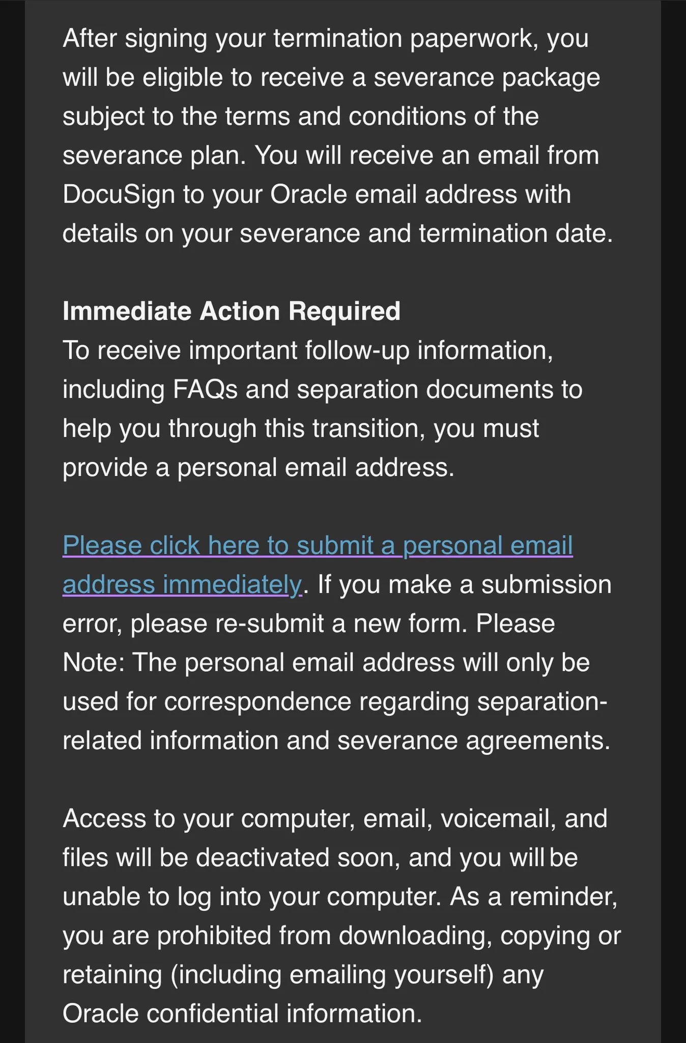 Alleged e-mail sent by Oracle to laid-off employees Alleged e-mail sent by Oracle to laid-off employees