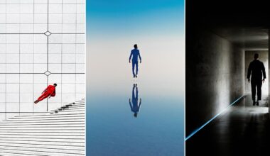 A triptych showing three men in suits levitating: one in red against a tiled wall, one in blue over water, and one in black in a dark corridor.