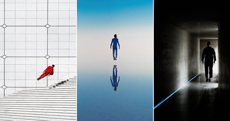 A triptych showing three men in suits levitating: one in red against a tiled wall, one in blue over water, and one in black in a dark corridor.