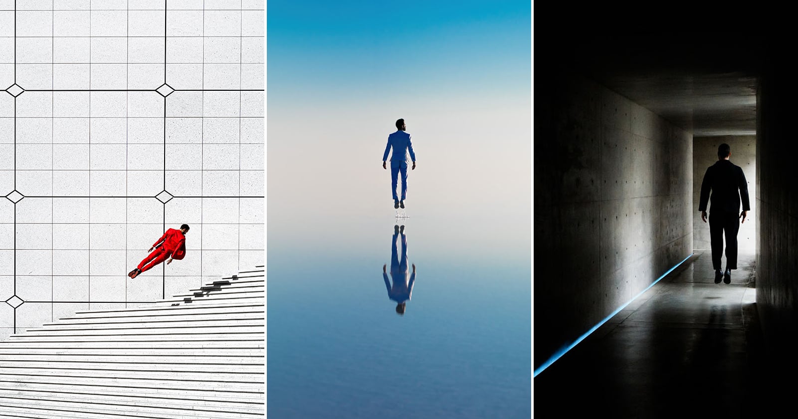 A triptych showing three men in suits levitating: one in red against a tiled wall, one in blue over water, and one in black in a dark corridor.