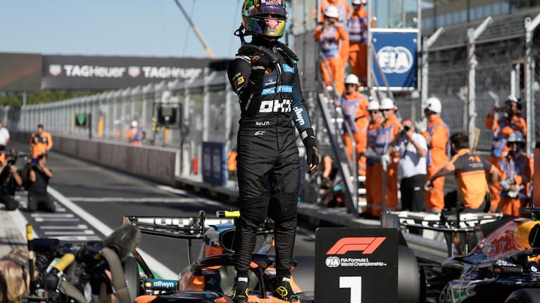 McLaren driver Lando Norris of Britain celebrates his pole position after the qualifying session for the Spanish Formula One Grand Prix in Madrid