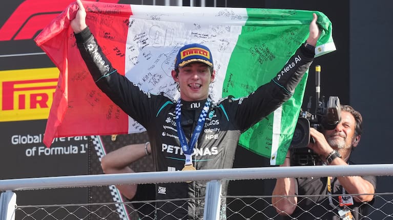 Mercedes driver Andrea Kimi Antonelli of Italy celebrates after winning the Italian Formula One Grand Prix race, in Monza.