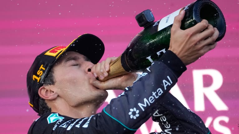Mercedes driver George Russell of Britain celebrates after winning the Azerbaijan F1 Grand Prix auto race, in Baku, Azerbaijan.