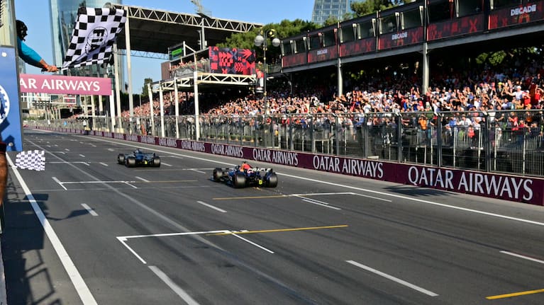 Mercedes driver George Russell of Britain crosses the finish line during the Azerbaijan F1 Grand Prix auto race, in Baku, Azerbaijan.