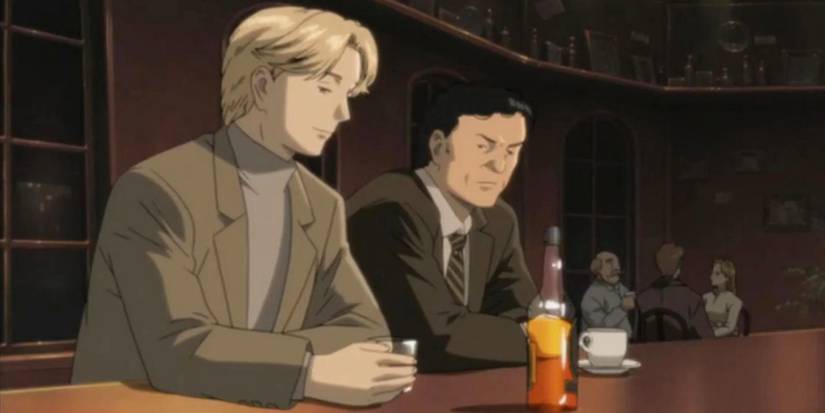 Two men sitting in a dimly-lit bar and drinking in the anime series Monster (2004-2005)