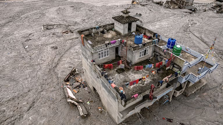 A damaged residential building in the wake of the Trishuli River floods.