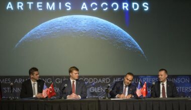 Turkish Minister of Industry and Technology, Mehmet Fatih Kacır, 3rd from left, signs the Artemis Accords for the Republic of Türkiye as NASA Administrator Jared Isaacman, left, U.S. Deputy Assistant Secretary of State for Space and Environment Connor Tomlinson, and Turkish Space Agency President, Yusuf Kıraç, right, look on, Monday, August 31, 2026, at the Mary W. Jackson NASA Headquarters building in Washington. Türkiye is the 71st country to sign the Artemis Accords, which establish a practical set of principles to guide space exploration cooperation among nations participating in NASA’s Artemis program.
