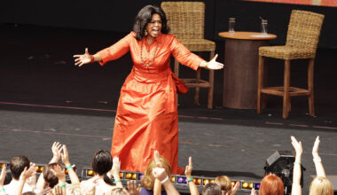 Oprah Winfrey gestures during a taping of "The Oprah Winfrey Show" at the Sydney Opera House in Australia on Dec. 14, 2010. The episodes aired in January 2011 as part of the show's 25th and final season. (Brendon Thorne / Getty Images)