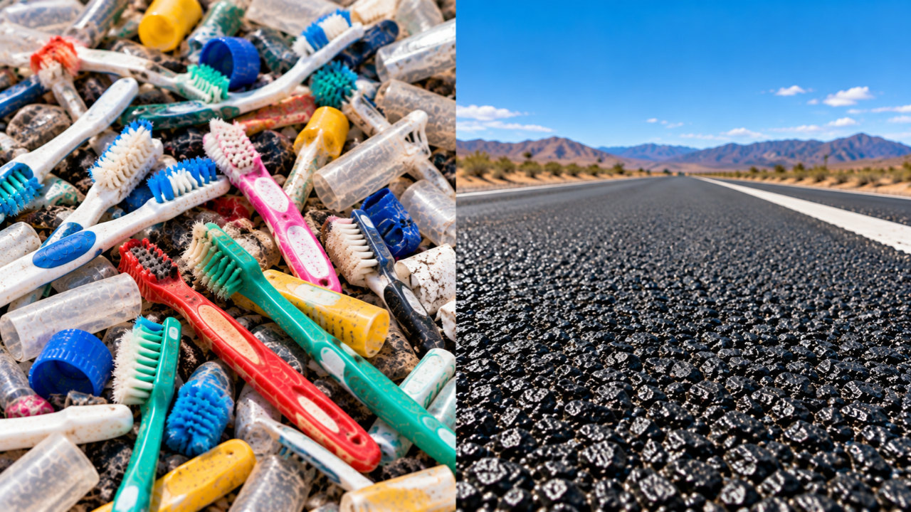 AI REPRESENTATION: Discarded toothbrushes and plastic waste are shown alongside asphalt, illustrating the use of recycled plastic in road construction | ChatGPT phasphalt