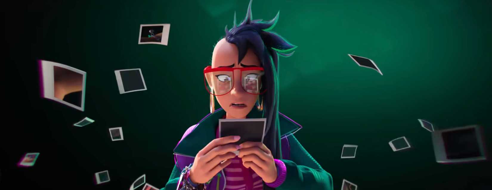 Raissa, a tall, thin Filipino teenager with red glasses and one side of her head shaved, looks perturbed as she examines a Polaroid picture while many others rain around her in Forgotten Island