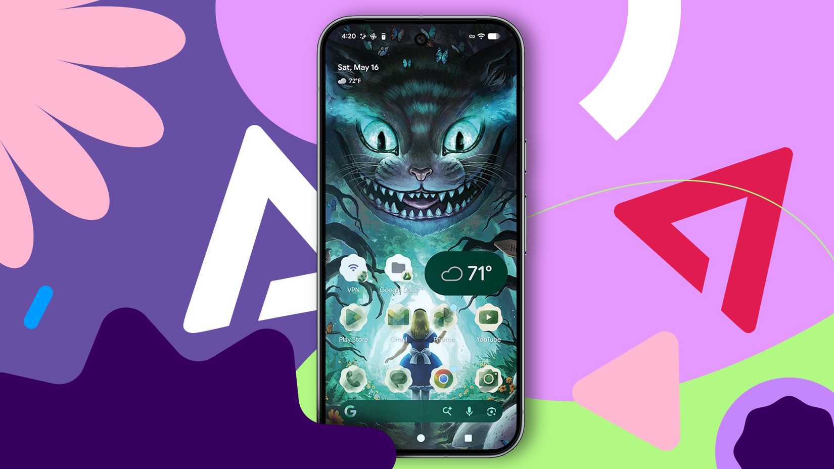 Pixel phone with a customized Android 16 home screen featuring colorful Material You icons and a stylized fantasy wallpaper.