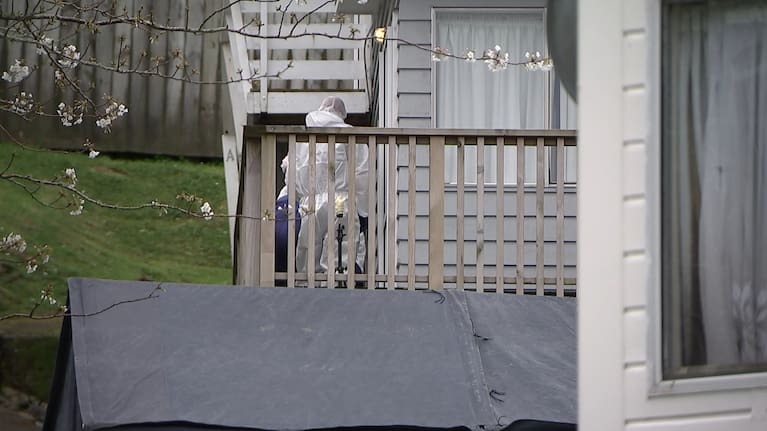 Police investigators at a house after a person was found dead in Newlands, Wellington.