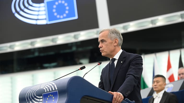 Prime Minister Mark Carney addresses the European Parliament in Strasbourg, France, on Thursday, Sept. 17, 2026.