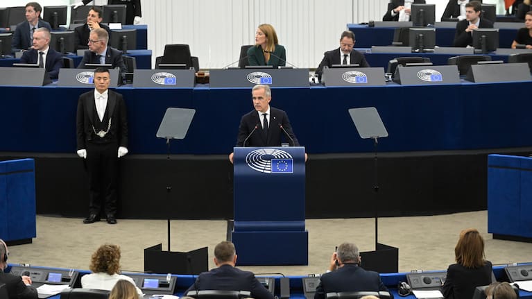 Prime Minister Mark Carney addresses the European Parliament in Strasbourg, France, on Thursday, Sept. 17, 2026.