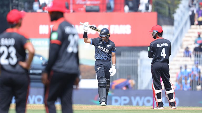 Rachin Ravindra celebrates his 50 in the Black Caps' victory over Canada at the T20 World Cup.