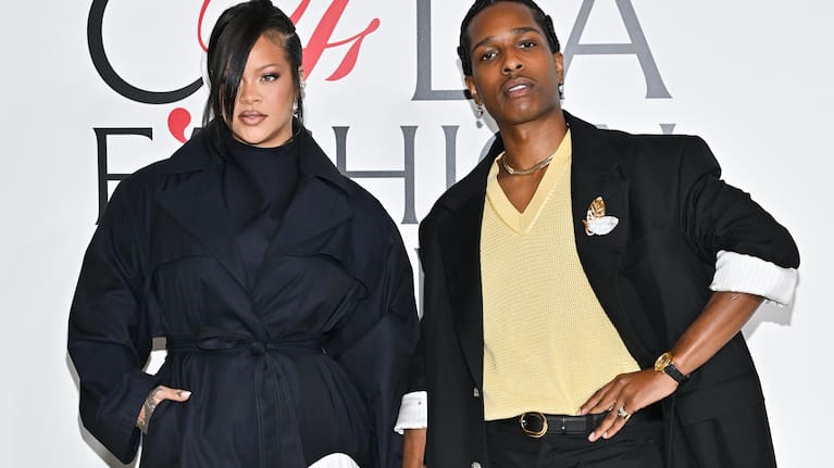 Rihanna, left, and A$AP Rocky appear at the CFDA Fashion Awards in New York on Nov. 3, 2025. 