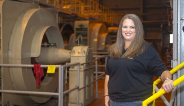 Kristie Foster, a quality engineer at NASA’s Stennis Space Center, stands inside the High Pressure Industrial Water Facility in Bay St. Louis, Mississippi, during a photo session on September 10, 2026.