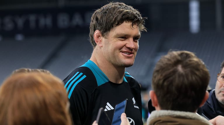 Scott Barrett speaks to the media after the All Blacks' captain's run in Dunedin this afternoon.