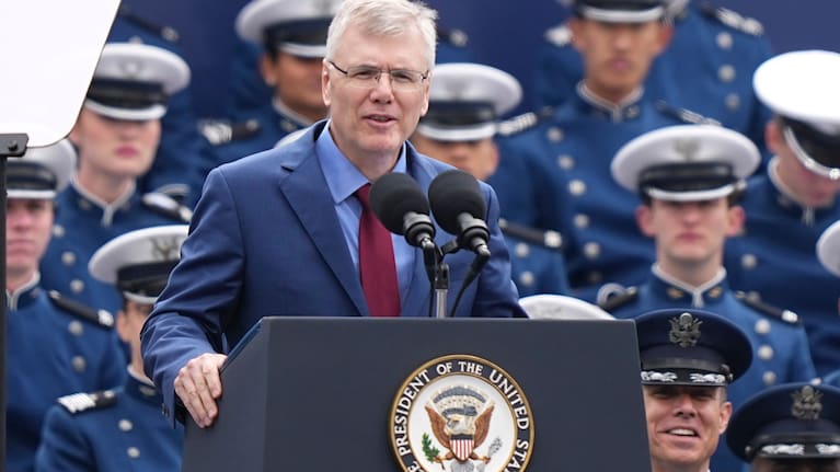 Secretary of the Air Force Troy Meink speaks during the United States Air Force Academy Graduation Ceremony at Falcon Stadium.