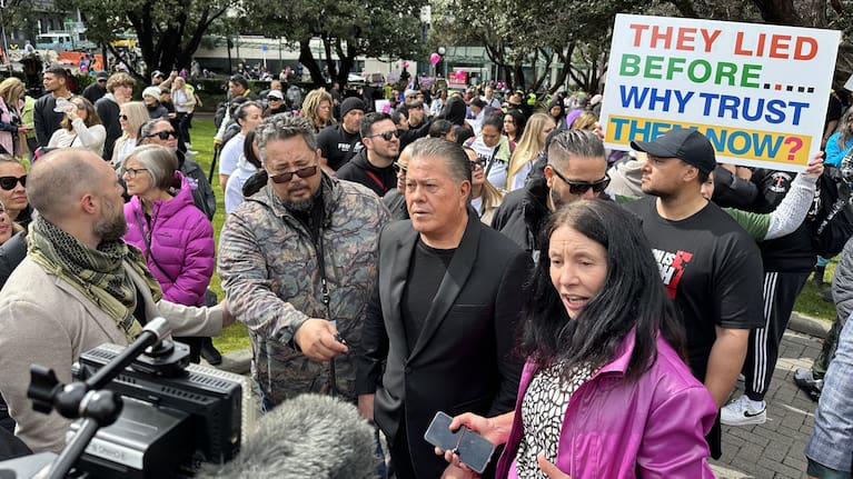 Sue Grey protesting Covid mandates, outside parliament in 2023