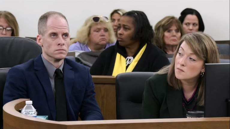 This image taken from pool court video shows 40-year-old Caleb Flynn listening to the judge reading out the jury's verdict at the Miami County Court of Common Pleas.