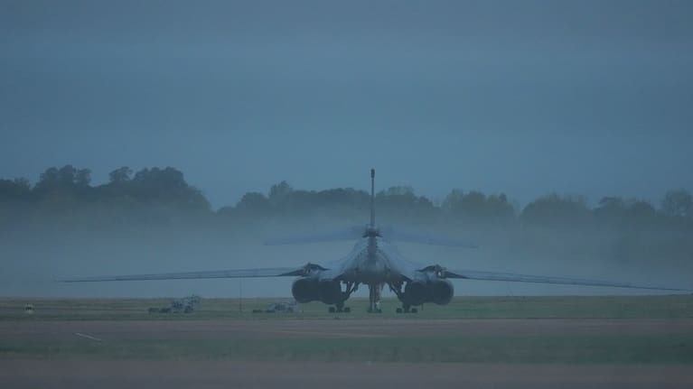 Unites States B1 bombers in the morning mist at RAF Fairford in Fairford, England