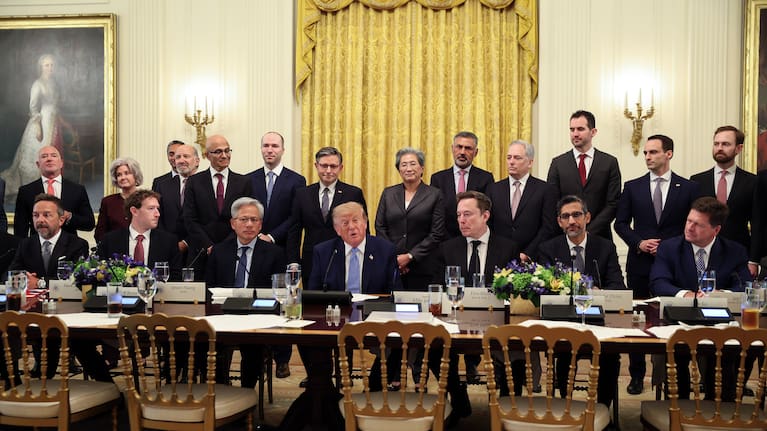 US President Donald (C) Trump speaks during the America.gov launch event.