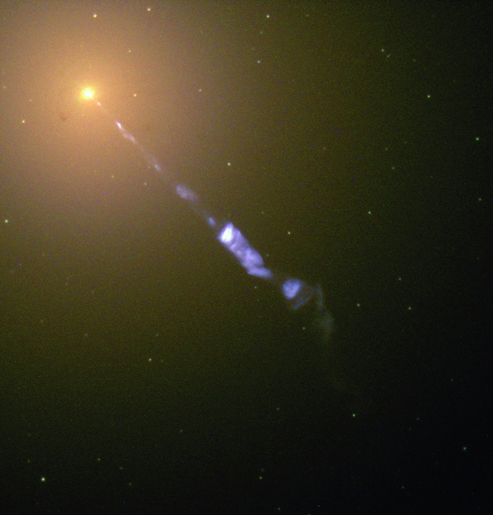 Hubble Space Telescope image showing a black-hole-powered jet of electrons and other sub-atomic particles travelling at nearly the speed of light, coming from M87. Credit: NASA and the Hubble Heritage Team (STScI/AURA)