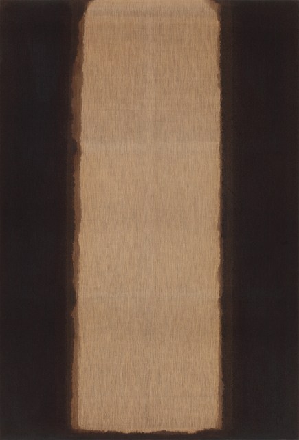 A vertical, rectangular beige area with uneven edges is centered against a dark brown background.
