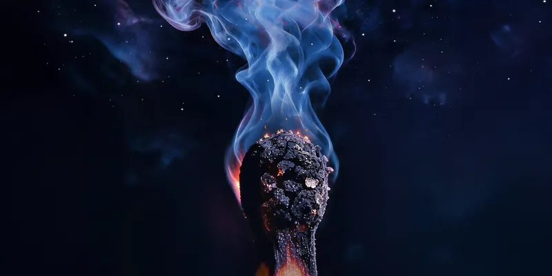 a dark composite image showing a close-up head of a match burnt black and emitting smoke
