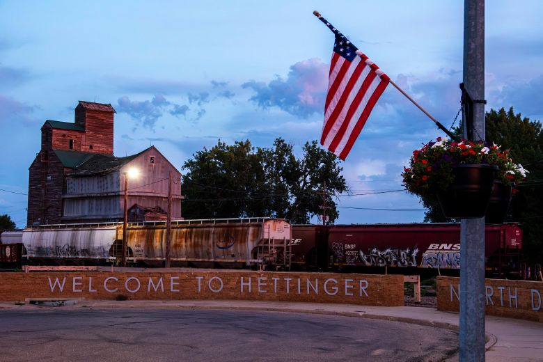 A train passes through Hettinger, a small town in the southwestern corner of North Dakota.