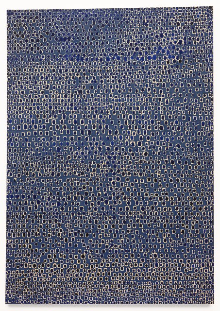 Blue canvas densely covered with small, irregular gold square and circular shapes, creating a textured, patterned effect across the entire surface.