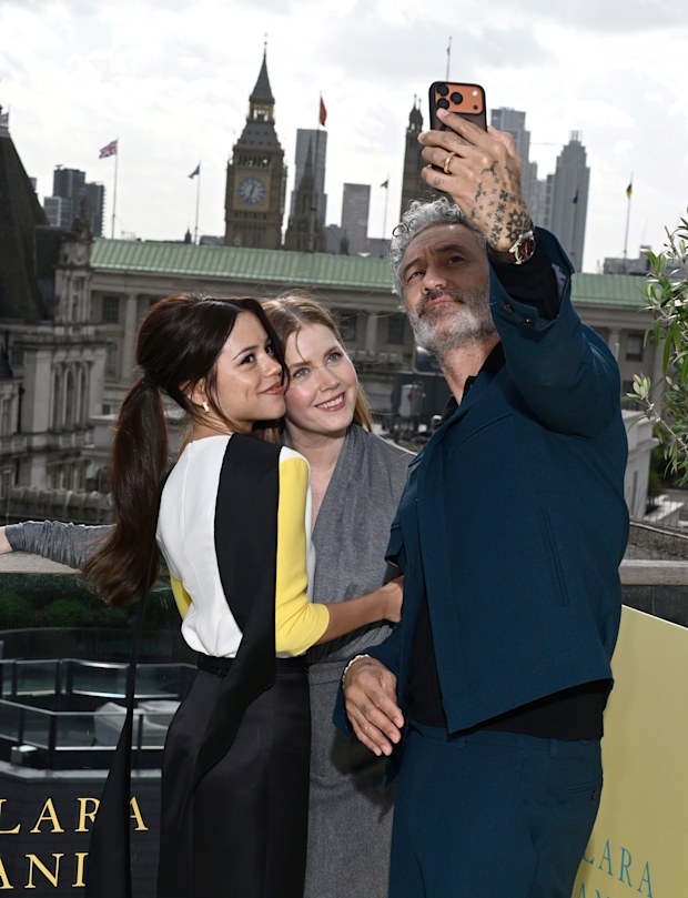 (L-R) Jenna Ortega, Amy Adams and Taika Waititi attend the photocall for “Klara And The Sun” at The Corinthia Hotel