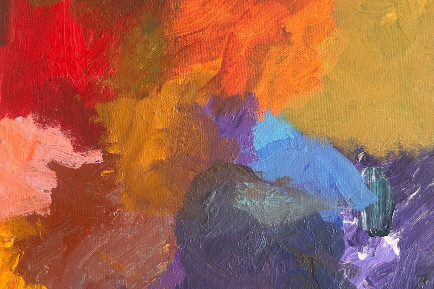 An abstract painting of brushstrokes of colour, including purple, blue, orange, red and yellow.